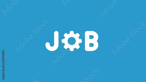 Animation of job word with spinning gear, blue background.