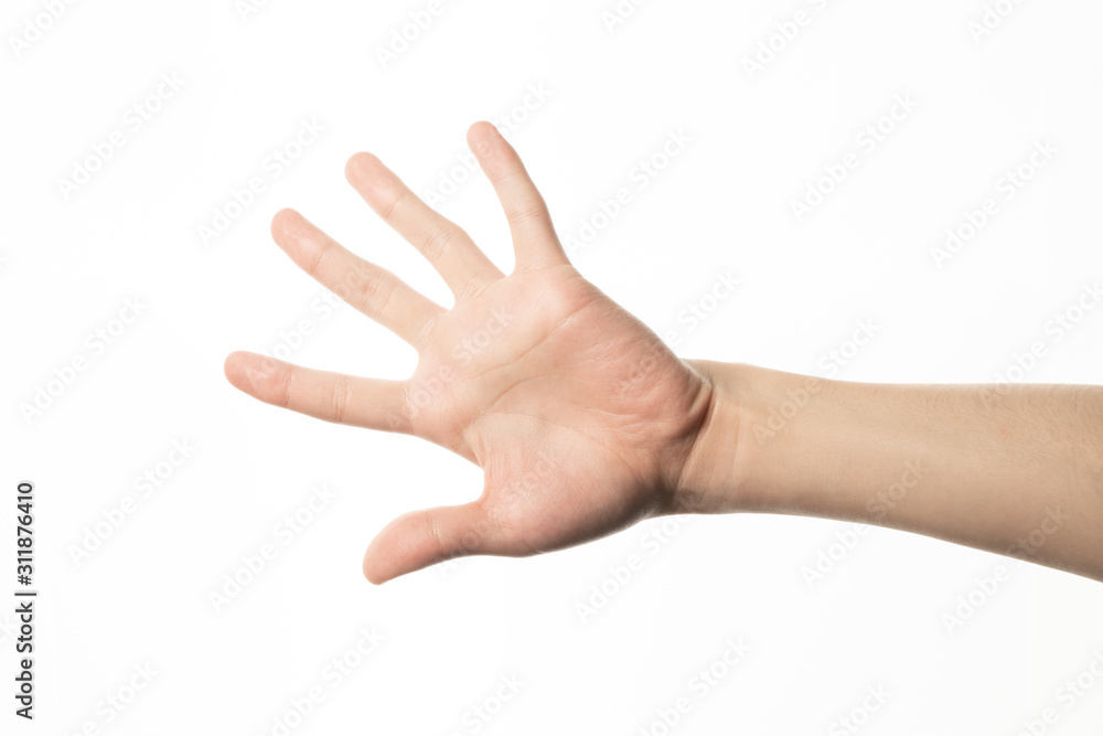 Hand of man showing opening gesture on white background Hand of man showing opening gesture on white background