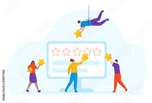 Tiny girs, men and screen - client feedback or review concept and online service evaluation, happy customers with huge stars, flat people and giant computer monitor with rating stars, Vector photo