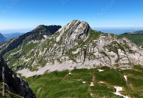 Alpine mountain peaks Schiberg and Plattenberg above the Wagital valley or Waegital and Lake Wagitalersee (Waegitalersee), Innerthal - Canton of Schwyz, Switzerland photo