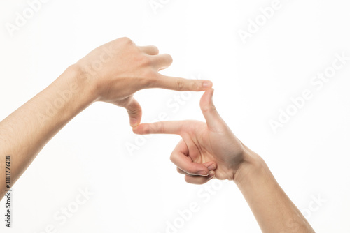 taking picture gesture on white background isolated