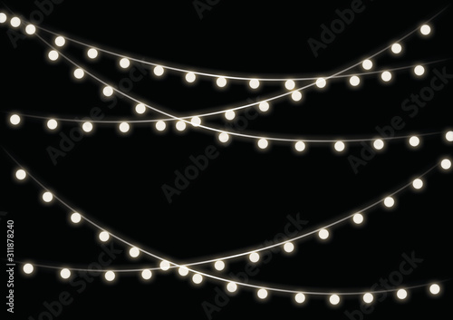 Circle white garlands, festive decorations. Glowing christmas lights isolated on transparent background. photo