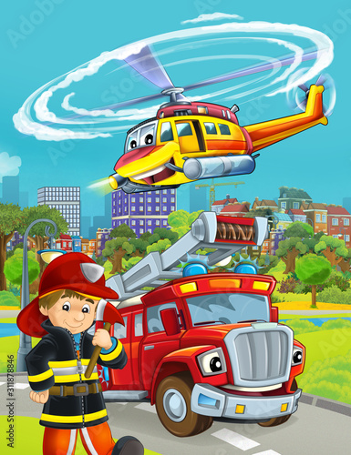 cartoon scene with fireman vehicle on the road - illustration for children