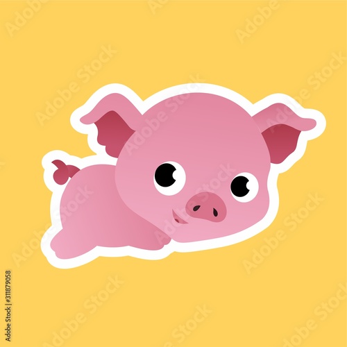Sticker of Pig Cartoon, Cute Funny Character with, Flat Design