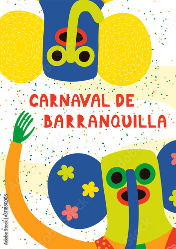 Hand drawn vector illustration with people in traditional Marimonda costumes, Spanish text Carnaval de Barranquilla. Flat style design. Concept for Colombian carnival poster, flyer, banner.