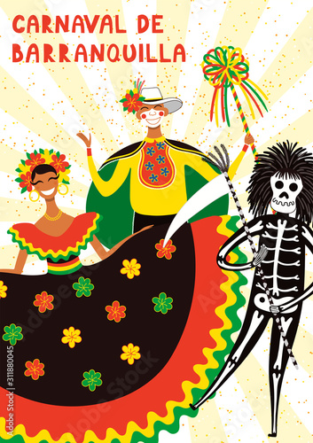 Hand drawn vector illustration with people in traditional costumes for Garabato dance, Spanish text Carnaval de Barranquilla. Flat style design. Concept for Colombian carnival poster, flyer, banner.