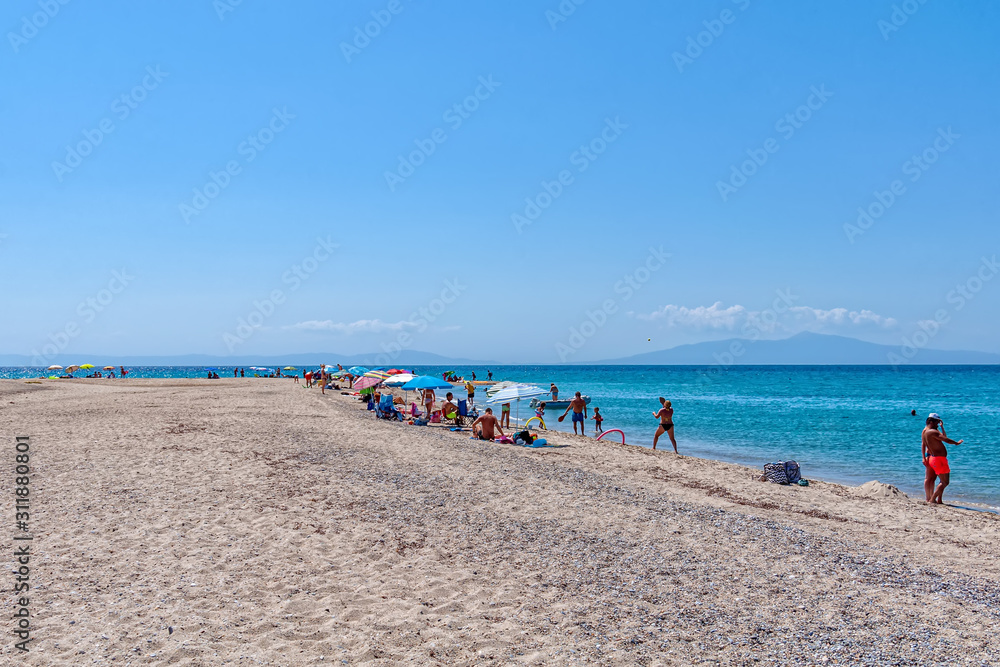 Halkidiki, Greece - September 01,2019: Possidi Beach on Halkidiki, Greece. Blue sea on Aegean sea.