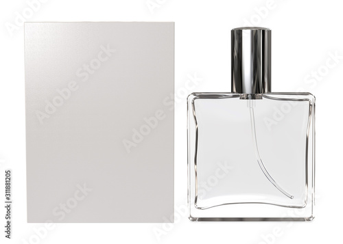 Clear White Perfume Bottle and Packaging Box. Realistic 3D MockUp Isolated on White Background.