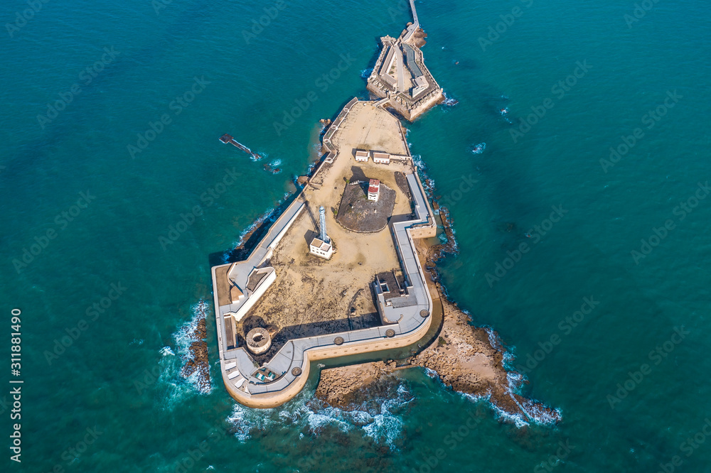 Fototapeta premium Aerial view of the city of Cadiz and the Castle of San Sebastian. 