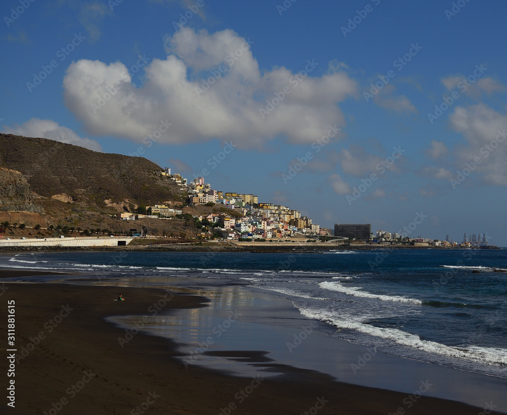 La Laja beach and Las Palmas city, coast of Gran Canaria, Canary Islands, Spain