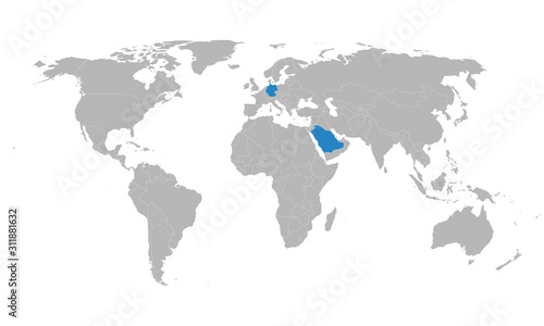 Germany, saudi arabia map marked blue on world map vector. Gray background. Perfect for backgrounds, backdrop, business concepts, presentation, charts and wallpapers. Foreign, trade relations