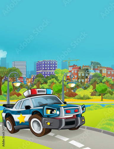 cartoon scene with police car vehicle on the road - illustration for children © honeyflavour