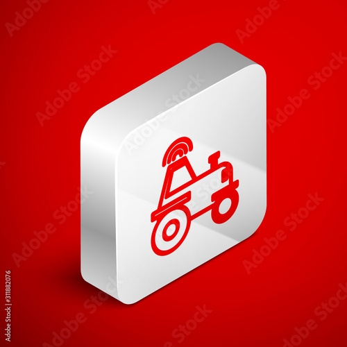 Isometric line Self driving wireless tractor on a smart farm icon isolated on red background. Smart agriculture implement element. Silver square button. Vector Illustration
