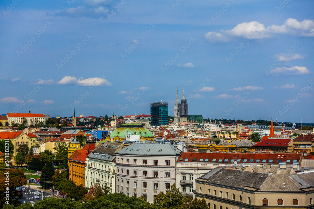 Zagreb, Croatia / 30th August 2018: Aerial wiev of Zagreb cathedral and downtown