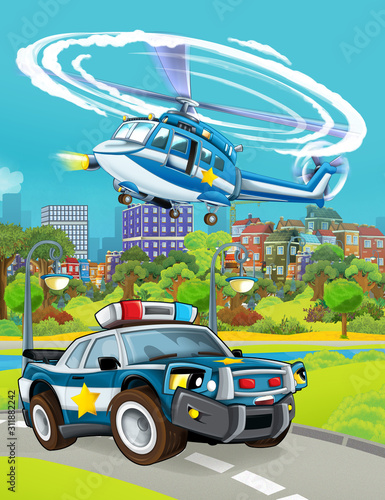 cartoon scene with police car vehicle on the road and helicopter flying - illustration for children