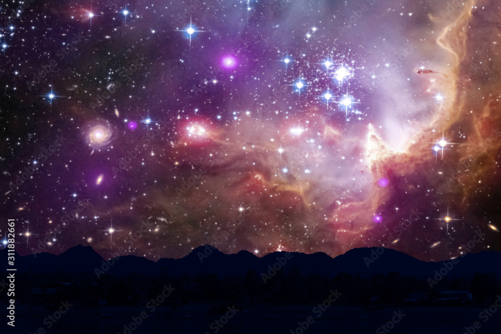 nebula and galaxy on space back on silhouette mountain hill and night sky nebula and galaxy on space back on silhouette mountain hill and night sky