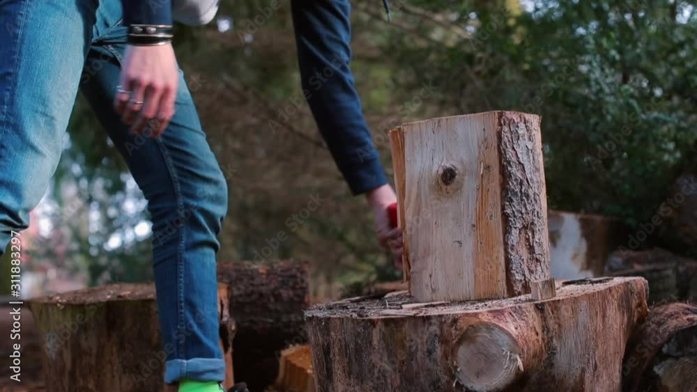 Closeup of splitting a wooden log with an ax. Closeup of splitting a wooden log with an ax.