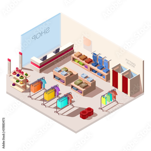 Isometric interior of fashion store in shopping mall. Vector boutique with clothes on rack and hanger, cashbox, dressing room. Retail showroom isolated on white background