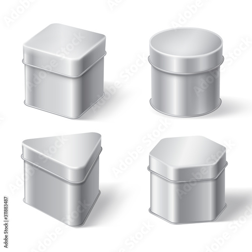 Metal tin boxes for coffee, tea or candies. Vector realistic mockup of round, square, triangle and hexagon shape cans for packaging dry products, biscuits and sweets isolated on white background