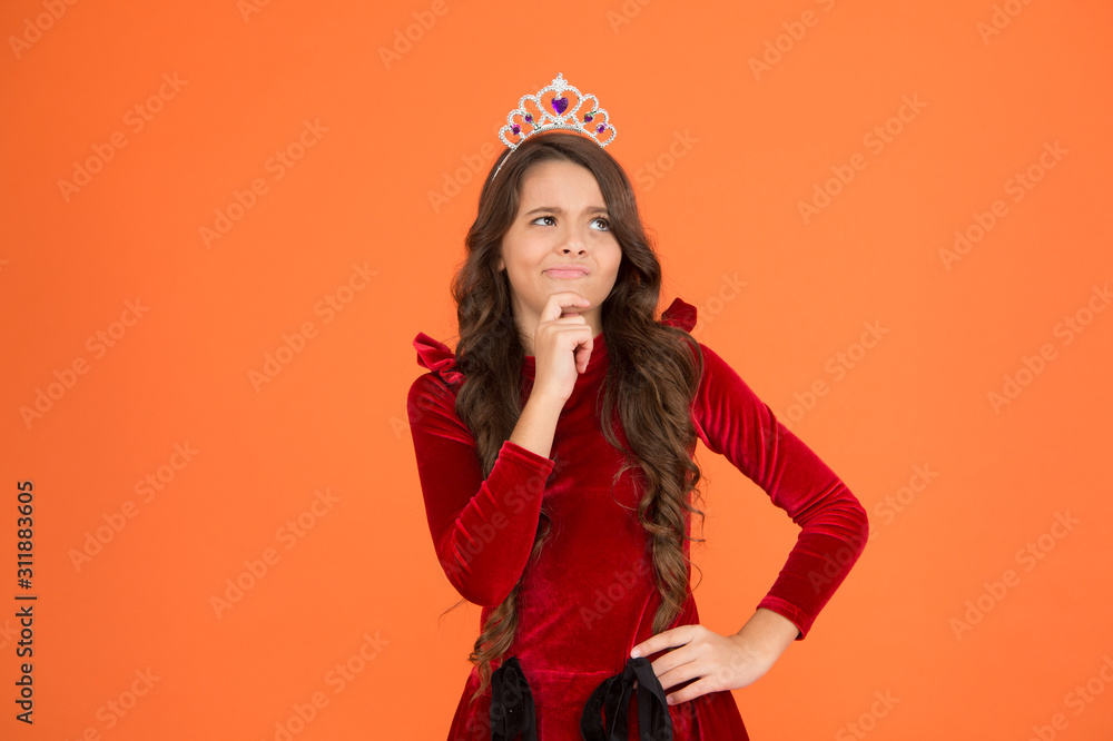 queen of beauty. achievement concept. being elegant lady. Little winner coronation. airs and graces. winter carnival. symbol of luxury. thoughtful girl curly hair wear crown. beautiful princess queen of beauty. achievement concept. being elegant lady. Little winner coronation. airs and graces. winter carnival. symbol of luxury. thoughtful girl curly hair wear crown. beautiful princess