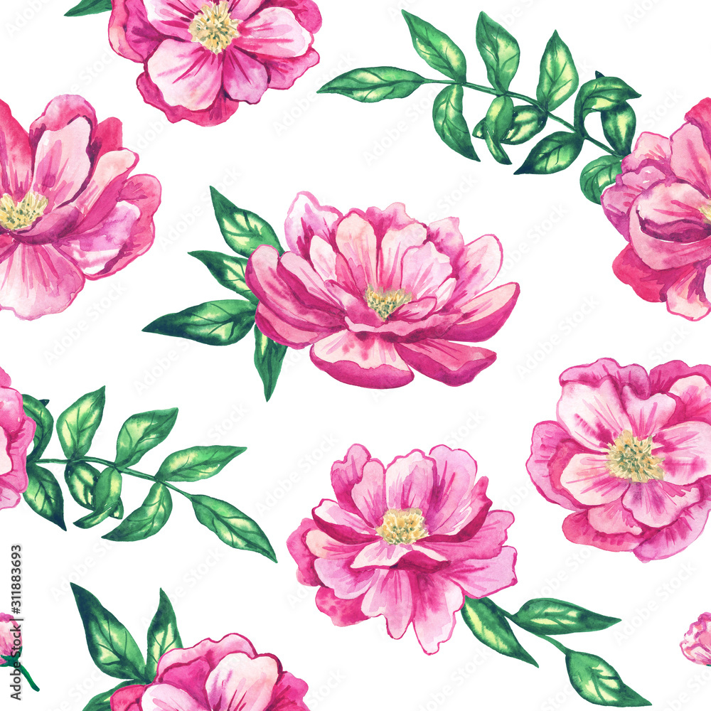 Seamless pattern with beautiful pink flowers. Hand drawn watercolor illustration. Texture for print, fabric, textile, wallpaper.