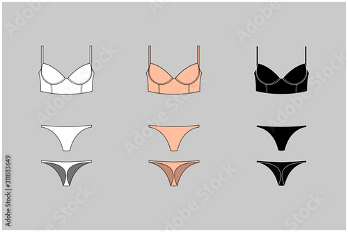Set of vector silhouettes of female bras. Beautiful elements of women underwear. Sets of basic women's underwear. Bra and underpants. Vector illustration.