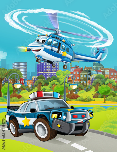 cartoon scene with police car vehicle on the road and helicopter flying - illustration for children