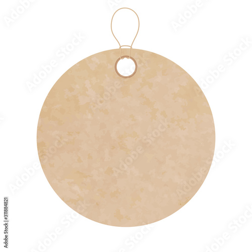 Blank gift tag label for sale prices. Texture of realistic brown yellow kraft carton paper material with a rope. Sticker of different round circle shape