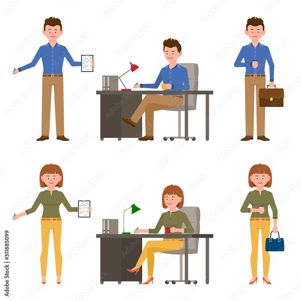 Smiling, nice office worker man and woman vector illustration. Front view standing, writing notes, sitting at desk young boy and girl cartoon character set on white Smiling, nice office worker man and woman vector illustration. Front view standing, writing notes, sitting at desk young boy and girl cartoon character set on white