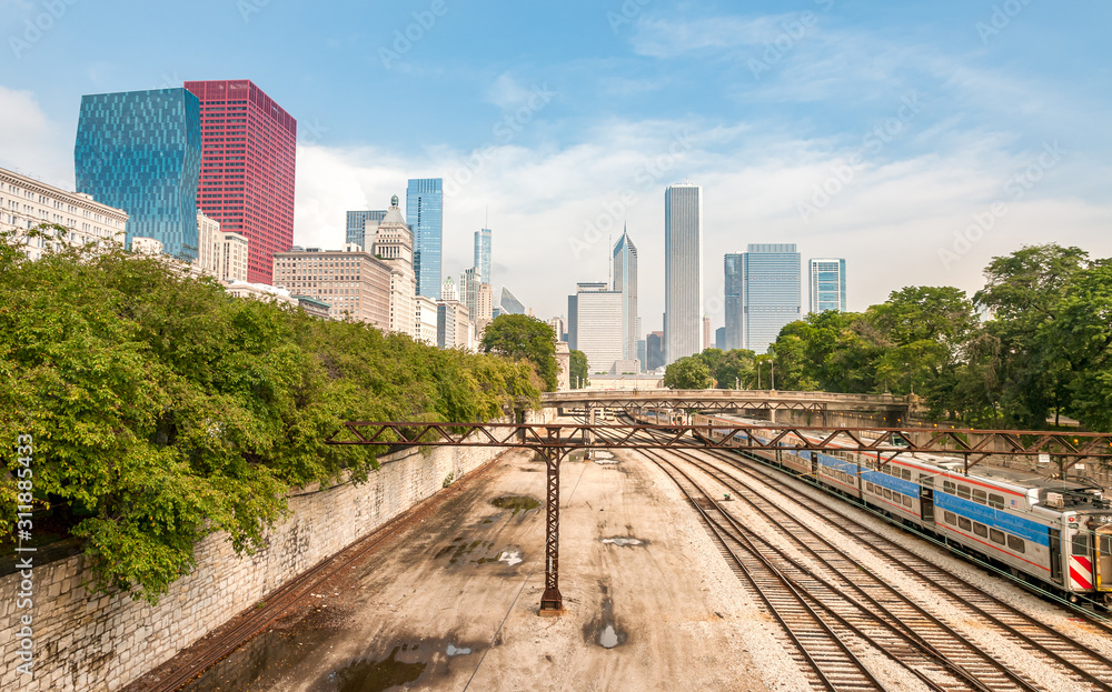 View of Chicago Downtown Skyline with railroad yard under bridge, USA View of Chicago Downtown Skyline with railroad yard under bridge, USA