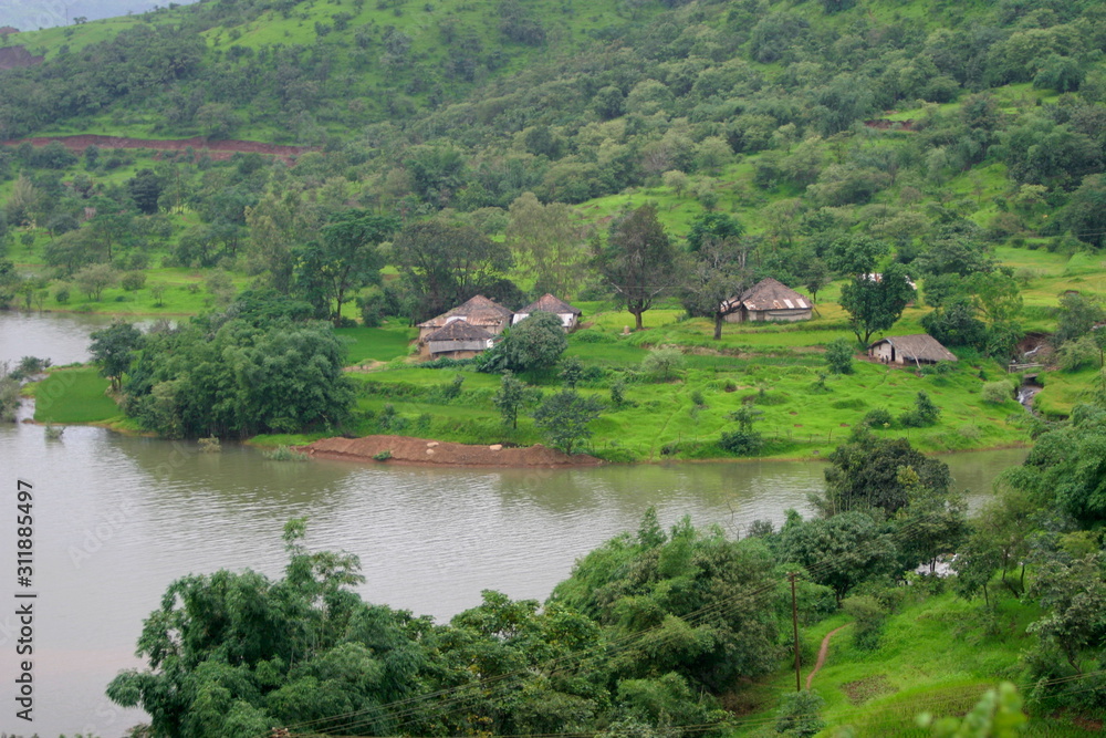 Village on the back waters of a Dam (Panshet, Pune, Maharashtra, India)