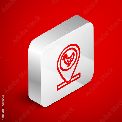 Isometric line Chicken farm and location icon isolated on red background. Silver square button. Vector Illustration