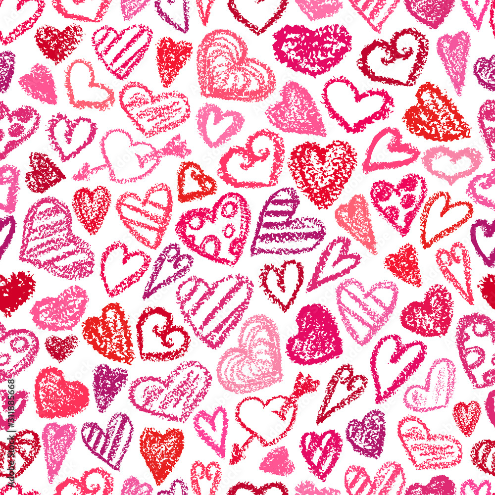 Valentines day hearts pattern. Crayon style drawling hearts on white  background. Children drawling love symbol, doodle art heart. Romantic  texture, seamless valentine's day print. Stock Vector | Adobe Stock