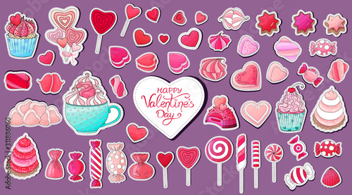 Valentine's day sweets stickers set. Candy, cookies, cupcakes, pink heart shape sweets desserts, marshmallow, hot chocolate. Hand drawn  valentines day delicious collection. Love pastry sweets sticker