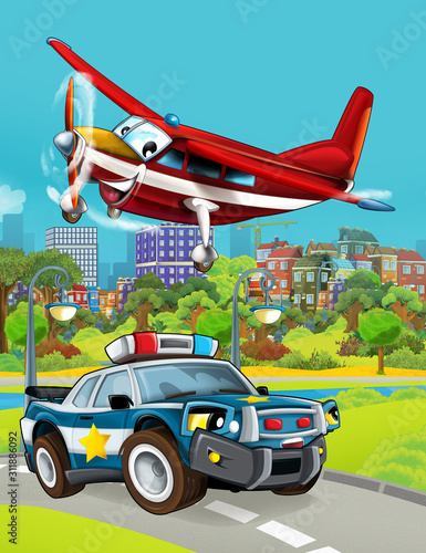 cartoon scene with police car vehicle on the road and fireman plane flying - illustration for children