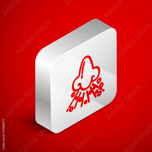 Isometric line Runny nose icon isolated on red background. Rhinitis symptoms, treatment. Nose and sneezing. Nasal diseases. Silver square button. Vector Illustration