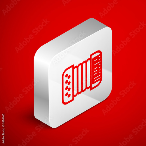 Isometric line Musical instrument accordion icon isolated on red background. Classical bayan, harmonic. Silver square button. Vector Illustration