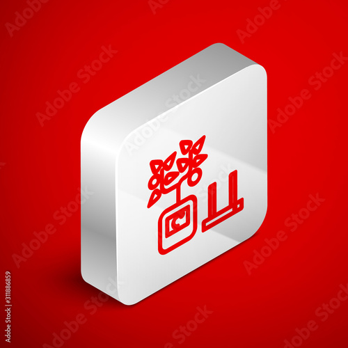 Isometric line Smart farming technology - farm automation system in app icon isolated on red background. Silver square button. Vector Illustration