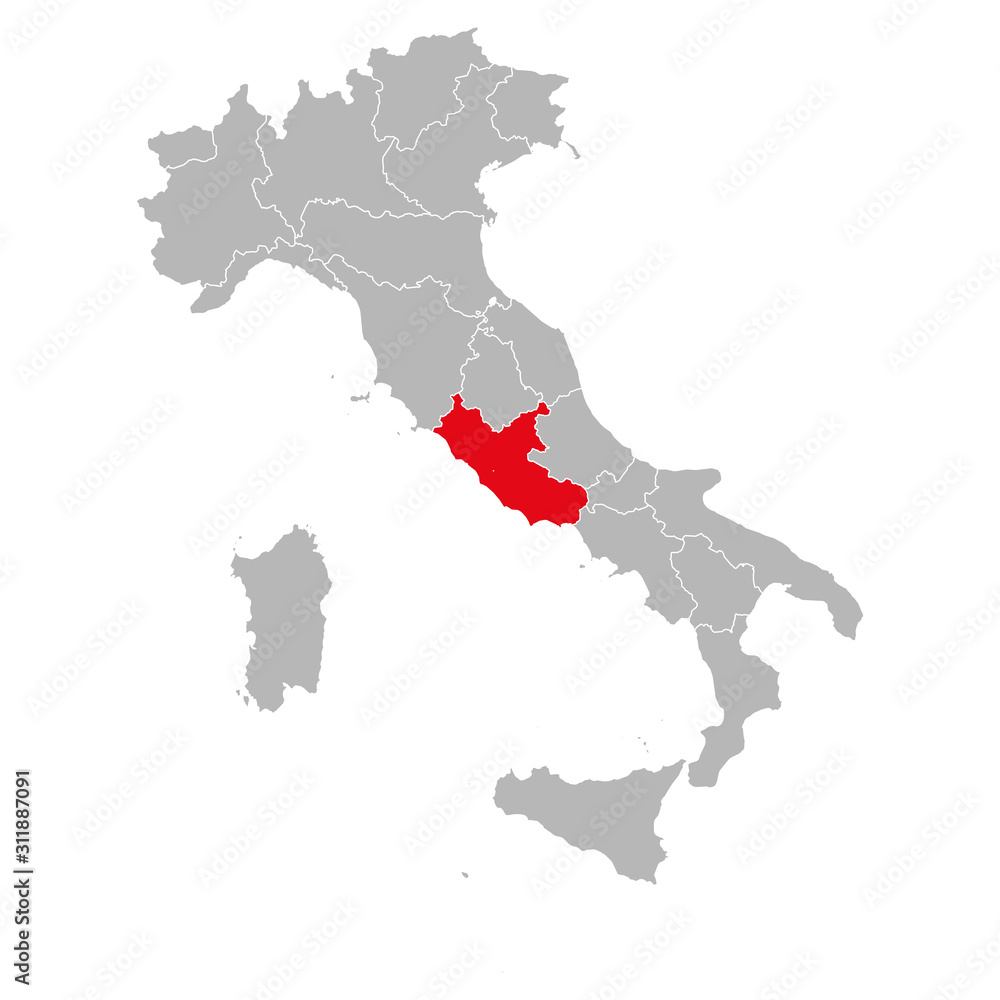 Lazio roma province highlighted red on italy map. Gray background. Italian political map.