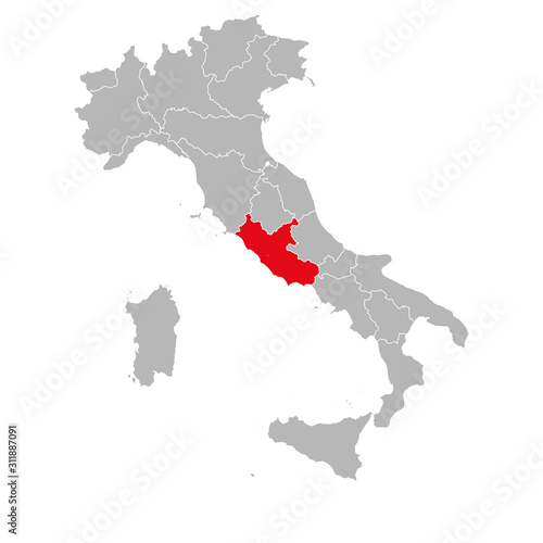 Lazio roma province highlighted red on italy map. Gray background. Italian political map.