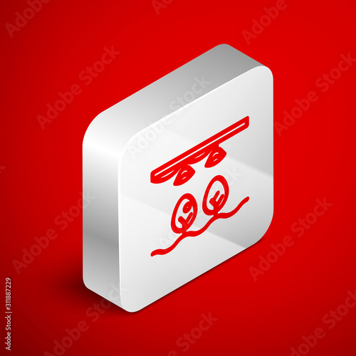 Isometric line Smart farm with light bulb and plant symbol icon isolated on red background. Silver square button. Vector Illustration