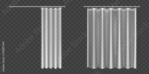 White clear shower curtains isolated on transparent background. Vector realistic mock up of open and closed blank draped bathroom curtains hanging on metal rings and rod