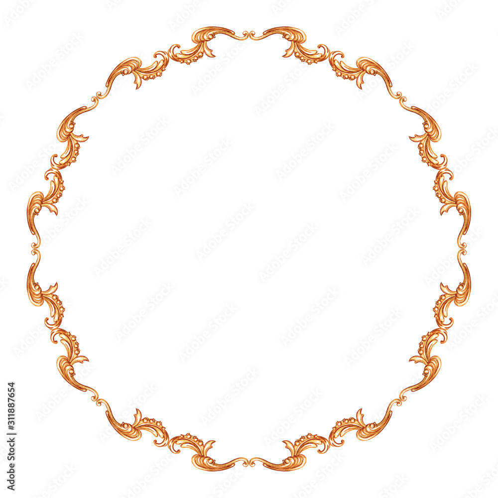 Golden round baroque frame, watercolor painting on a white background, isolated. Clipart with a pattern for greeting cards, painting dishes, decorative plates, etc. Golden round baroque frame, watercolor painting on a white background, isolated. Clipart with a pattern for greeting cards, painting dishes, decorative plates, etc.