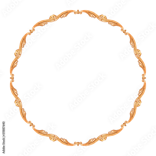 Golden round baroque frame, watercolor painting on a white background, isolated. Clipart with a pattern for greeting cards, painting dishes, decorative plates, etc.