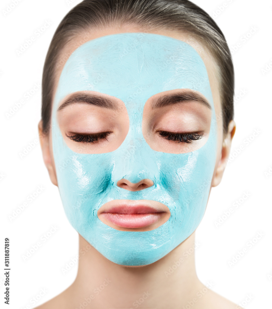 Blue vitamin facial clay mask on woman face. Blue vitamin facial clay mask on woman face.
