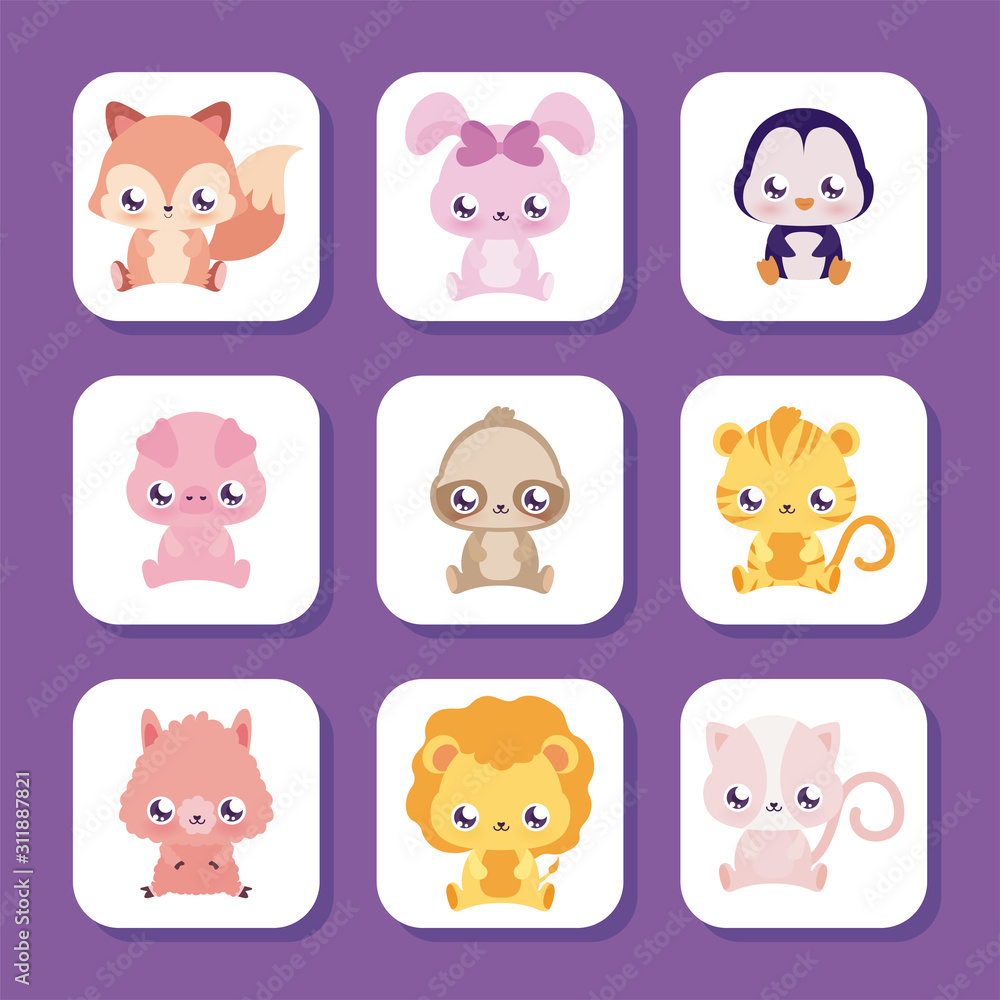 Cute kawaii animals cartoons inside frames vector design Cute kawaii animals cartoons inside frames vector design
