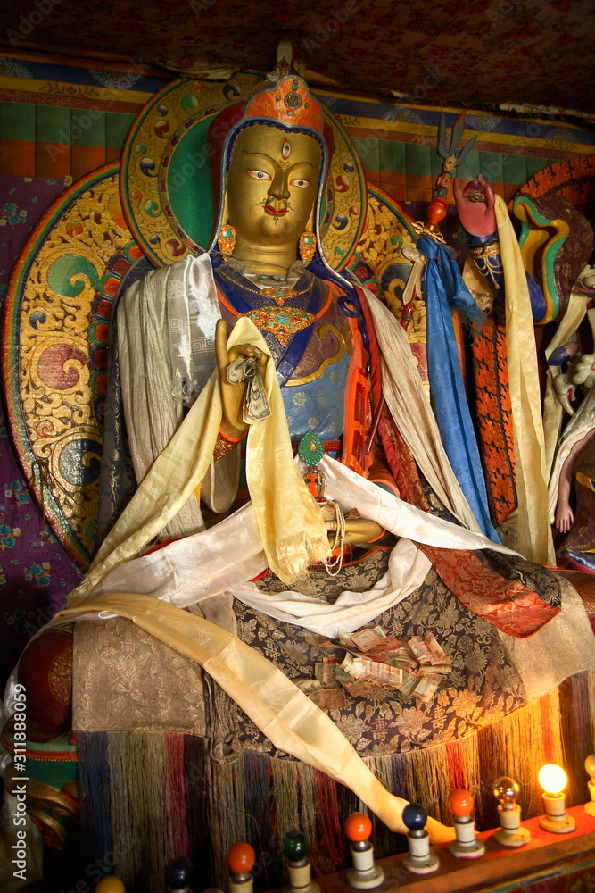 Fototapeta premium Statue of lord Buddha called padmasambhava at shakti gompa at Ladakh, Jammu Kashmir, India