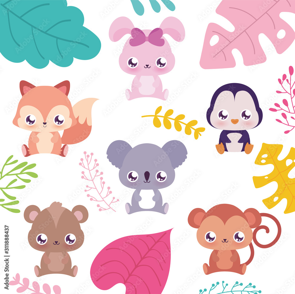 Cute kawaii animals cartoons with leaves vector design Cute kawaii animals cartoons with leaves vector design