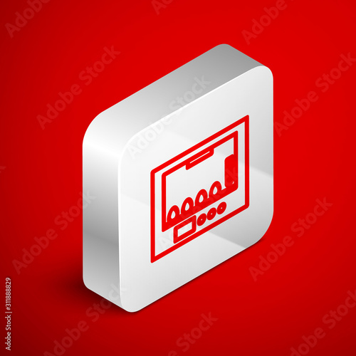 Isometric line Incubator for eggs icon isolated on red background. Silver square button. Vector Illustration