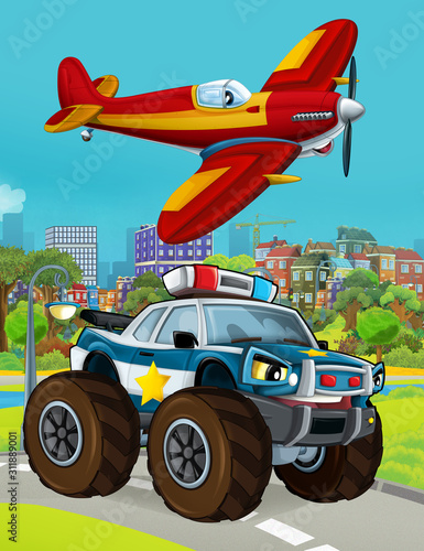 cartoon scene with police car vehicle on the road and fireman plane flying - illustration for children